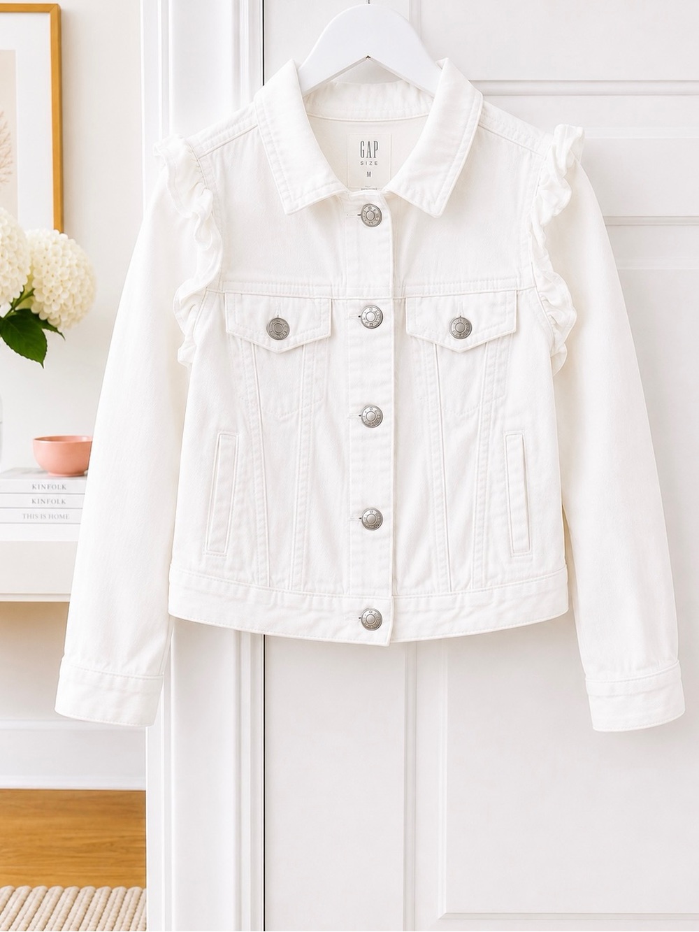 GAP White Ruffle-Trim Denim Jacket for Kids